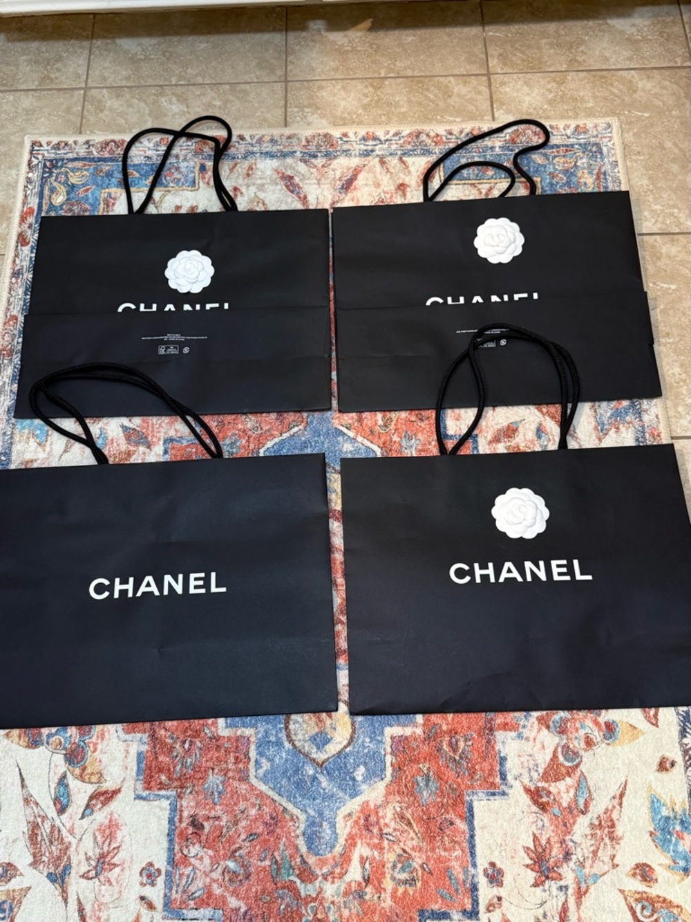 4 Chanel XL Shopping Bags Set with Camellias & Ribbons